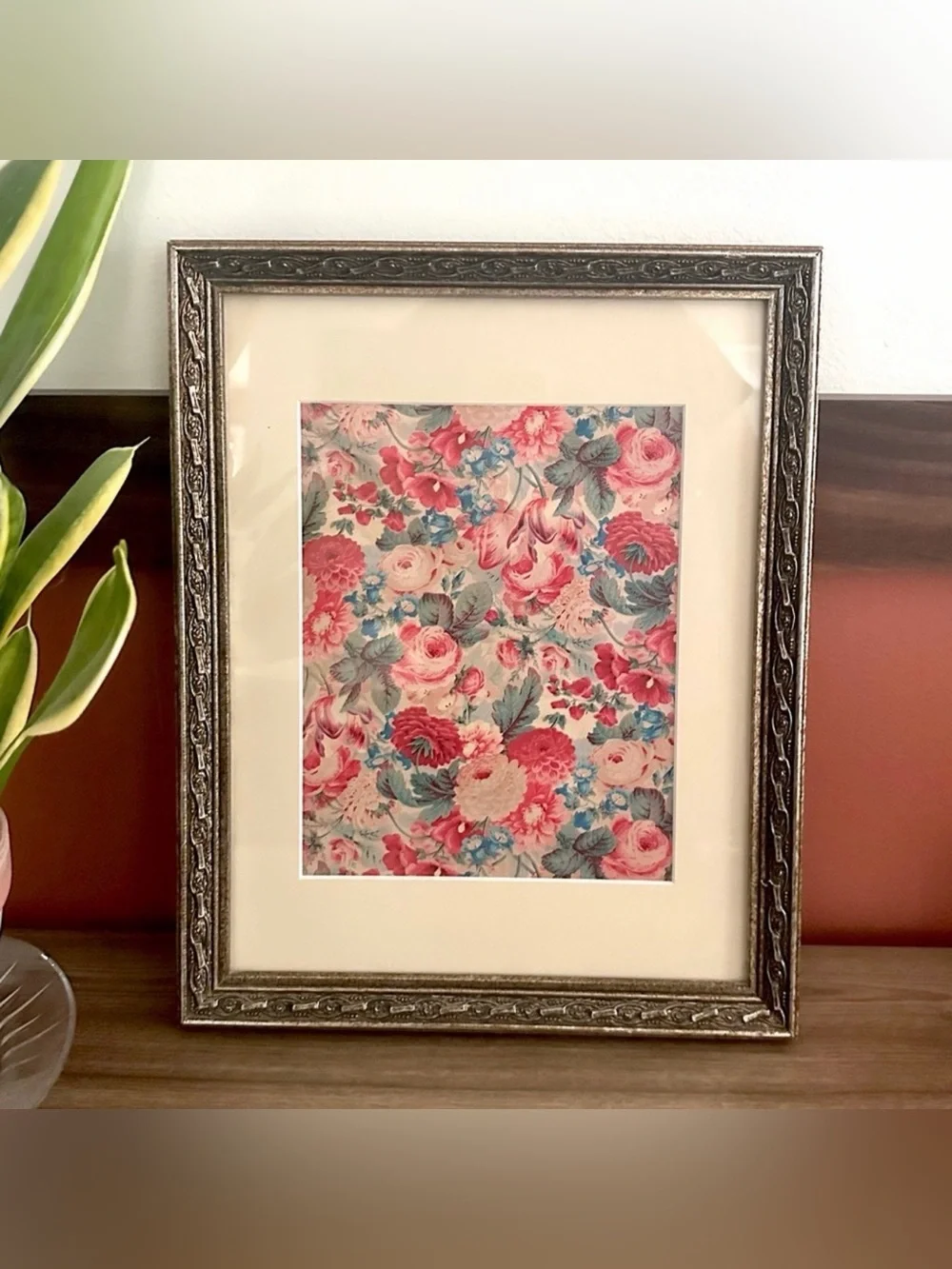 Floral Chintz Vintage Cottagecore Style Flower Print Matted & Framed Canvas Art